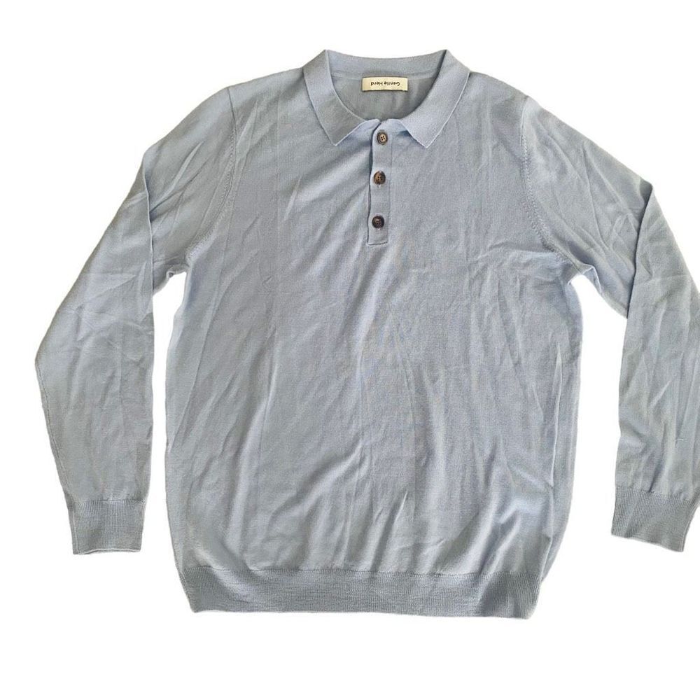 Gentle Herd Pullover Polo Long Sleeve Lightweight 100% Wool Sweater L Blue A23